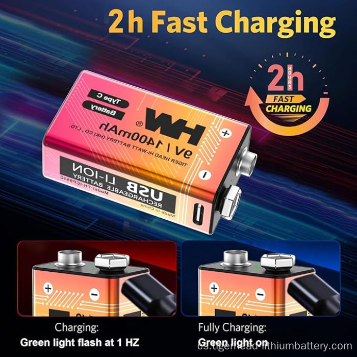 4PCS 9V 5180mWh USB-C dobíjecí lithiová baterie
